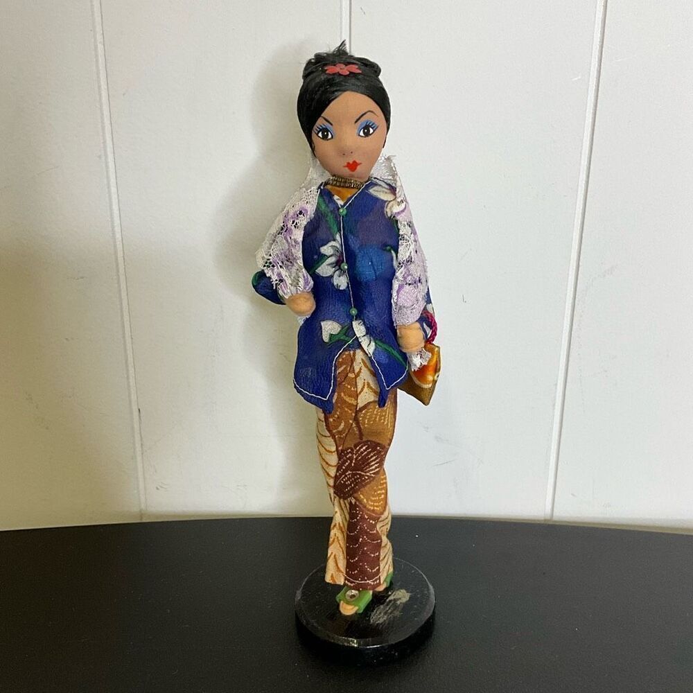 Vintage Handmade 9" Asian Thai Ethnic Doll Figurine With Clothes Blue Eyes